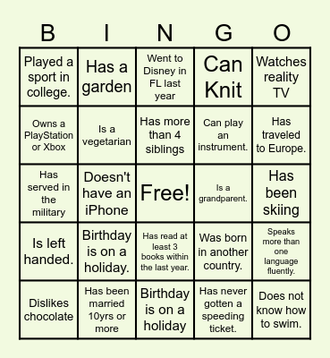 Get To Know Your Team Bingo Card