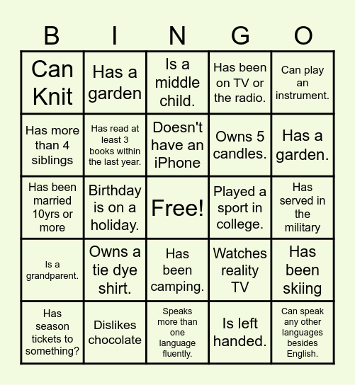 Get To Know Your Team Bingo Card