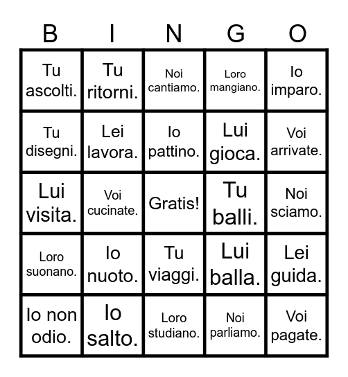 Capitolo 5 i verbi -are Bingo Card