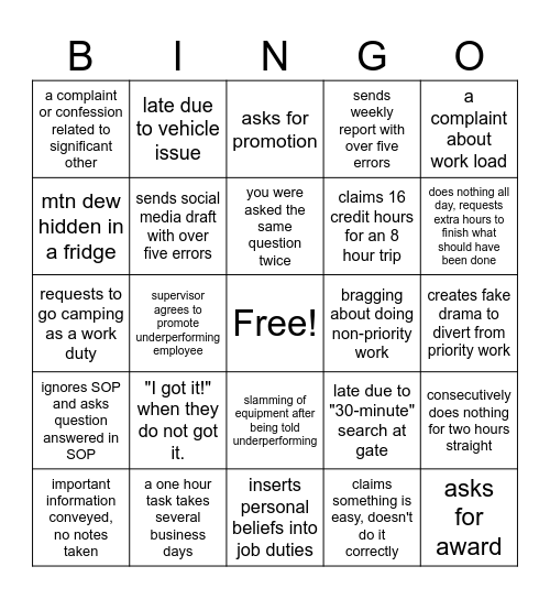 Underperforming staff bingo Card