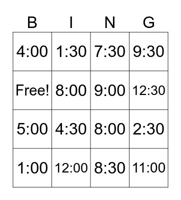 Telling Time Bingo Card