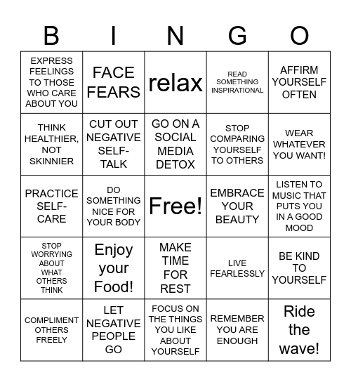 SELF ESTEEM BINGO Card