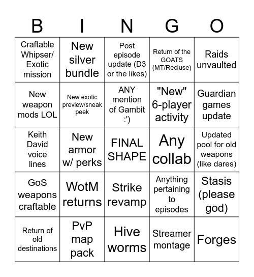 Into the Lgiht Bingo Card