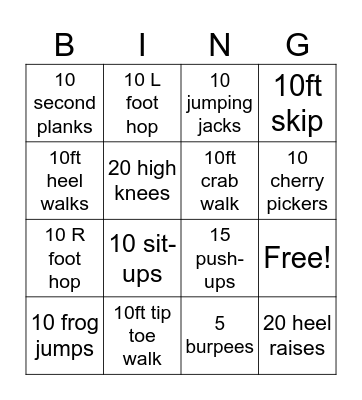Gross Motor Bingo! Bingo Card