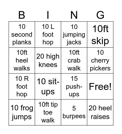 Gross Motor Bingo! Bingo Card