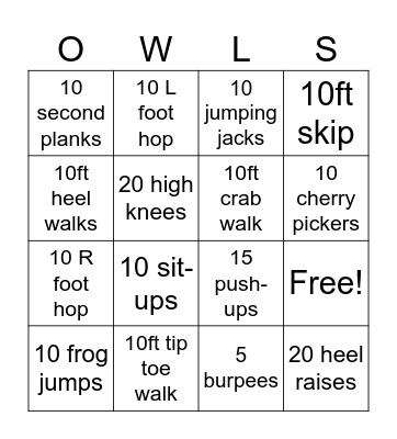 Gross Motor Bingo! Bingo Card