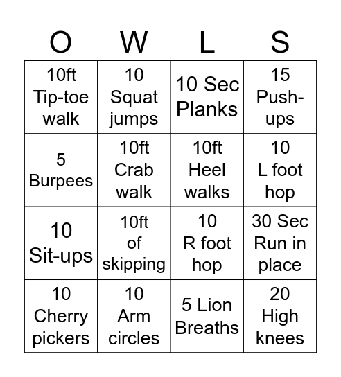 Gross Motor Bingo! Bingo Card