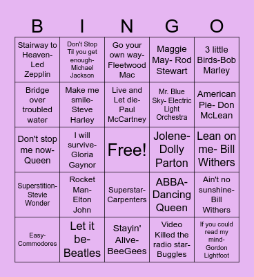70's Bingo! Bingo Card