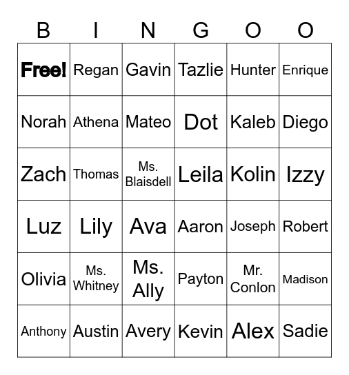 Sign Name Bingo Card