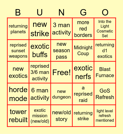 Destiny 2: Into the Light Bingo Card Bingo Card