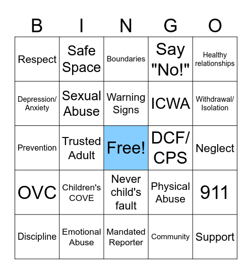 Child Abuse Prevention Bingo Card