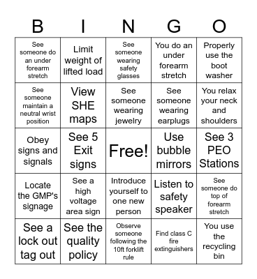 Safety Day Bingo Card
