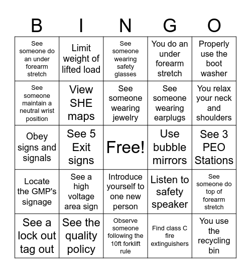 Safety Day Bingo Card