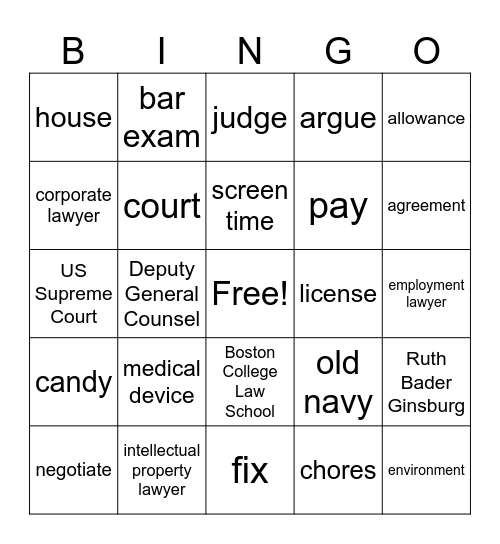 Career Day Lawyer Bingo Card