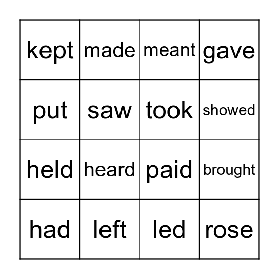 Irregular Verbs Bingo Card