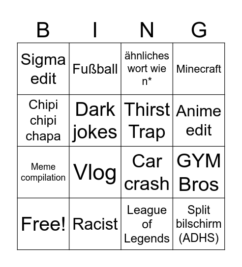 Youtube shorts Bingo Card