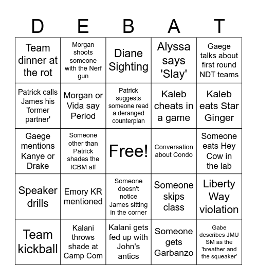 Debater Post-Season Bingo Card