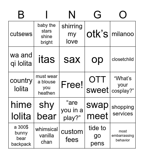 Lolita Fashion Bingo Card