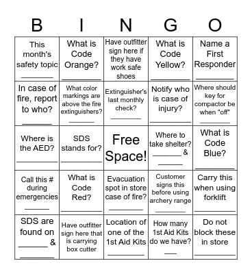 Safety Bingo Card
