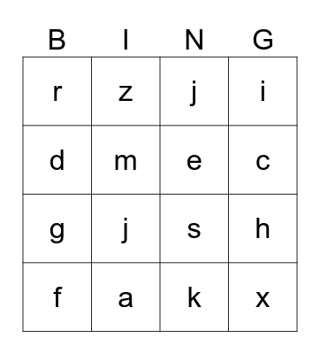 Lower Case Alphabet Bingo Card