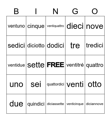 I Numeri Italiano Bingo Card