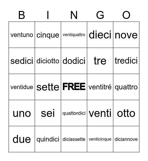 I Numeri Italiano Bingo Card