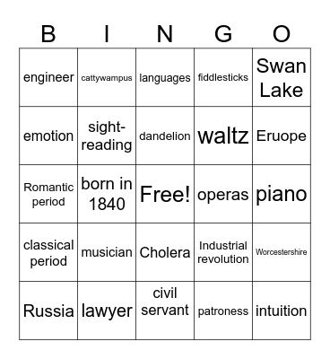 Tchaikovsky Bingo Card