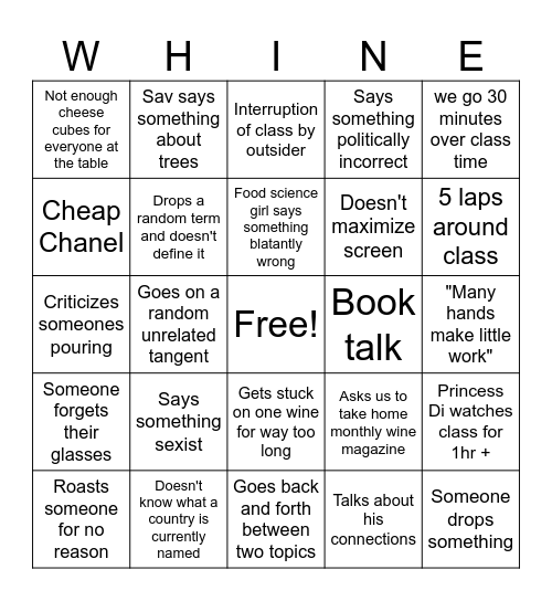 Wine Class Bingo Card