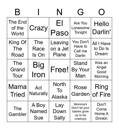 60s/70s Country Bingo Card
