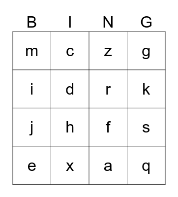 Lower Case Alphabet Bingo Card