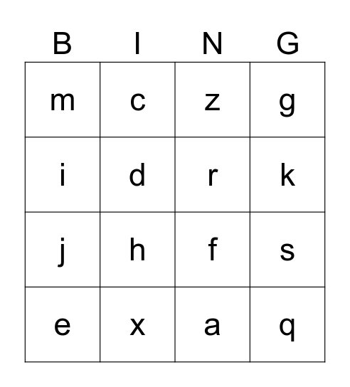 Lower Case Alphabet Bingo Card