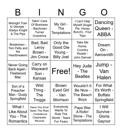 Old School Hits Bingo Card