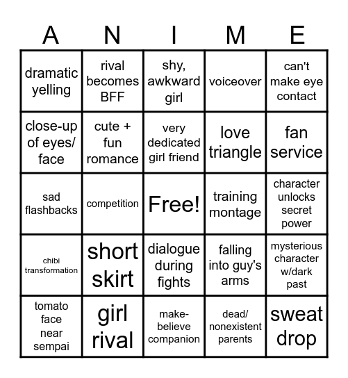 Anime Trope Bingo! Bingo Card