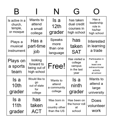 College Bound Bingo Card