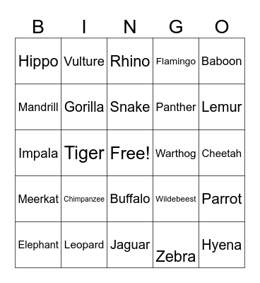Safari Bingo Card
