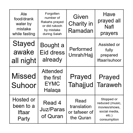 Bingo - Ramadan/Muslim Edition Bingo Card