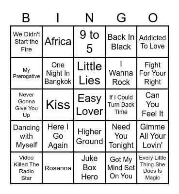 80's Mega Mix Bingo Card