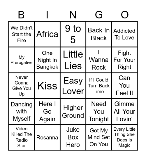 80's Mega Mix Bingo Card