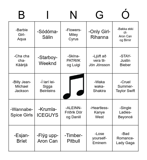Tónlistarbingó Bingo Card