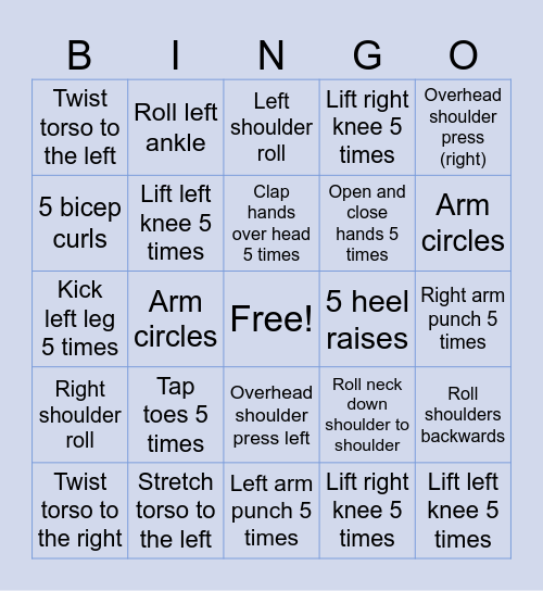 Exercise Bingo! Bingo Card