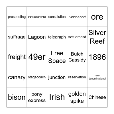 Unit 5: Railroad, Mining and Statehood Bingo Card