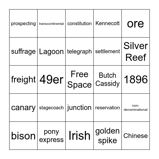 Unit 5: Railroad, Mining and Statehood Bingo Card