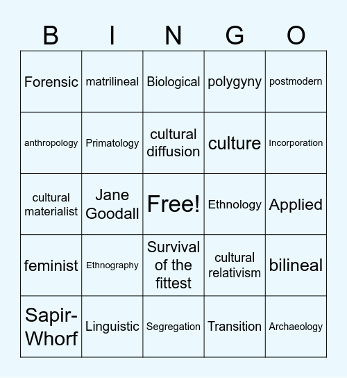 Anthropology Review Bingo Card