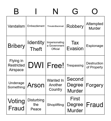 Percy Jackson Roleplay Character Felony Bingo Card