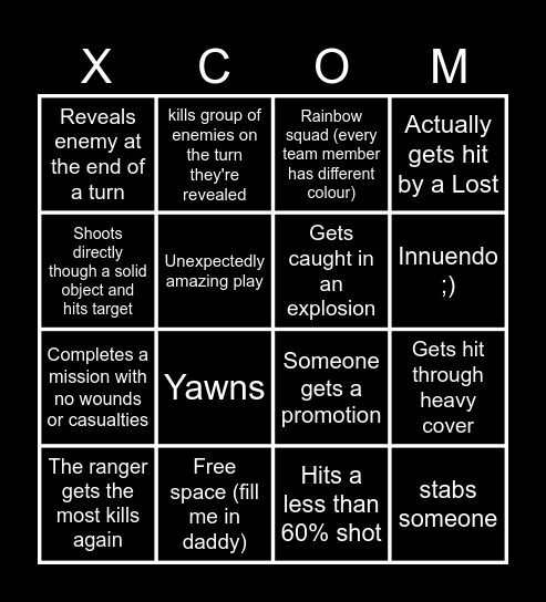 JustWrightGaming - XCOM Edition Bingo Card