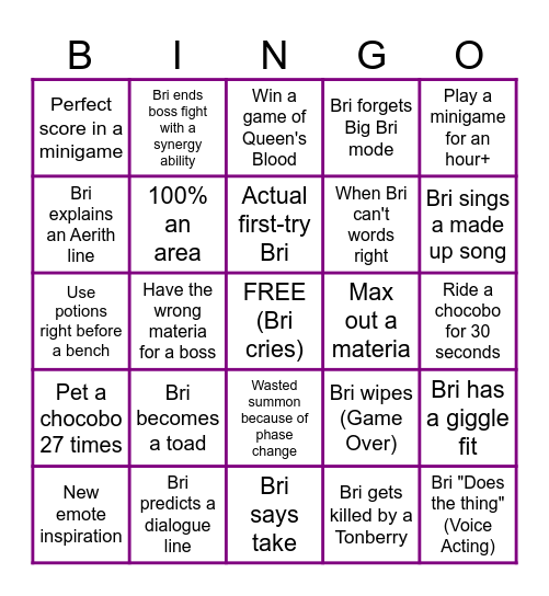 SRG Playthrough BINGO! Bingo Card