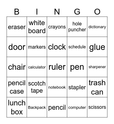 Classroom Objects Bingo Card