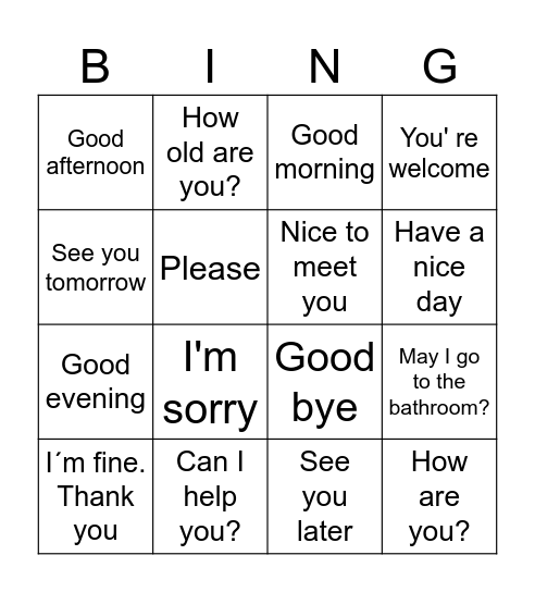 Greeting, farewell and courtesy Bingo Card