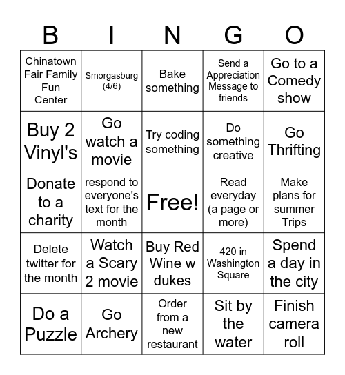 April Bingo Card Bingo Card