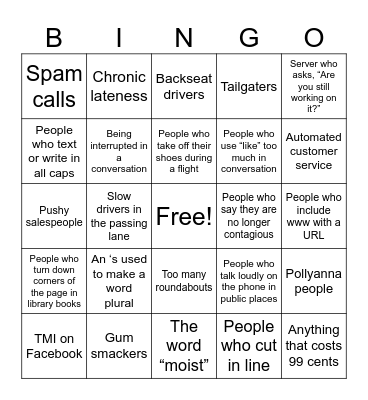 Pet Peeves Bingo Card